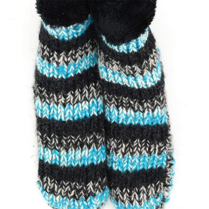 Hand Knitted Wool Slipper Socks - SD Light Blue Charcoal