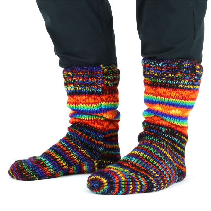 Hand Knitted Wool Slipper Socks - SD Black Rainbow Orange