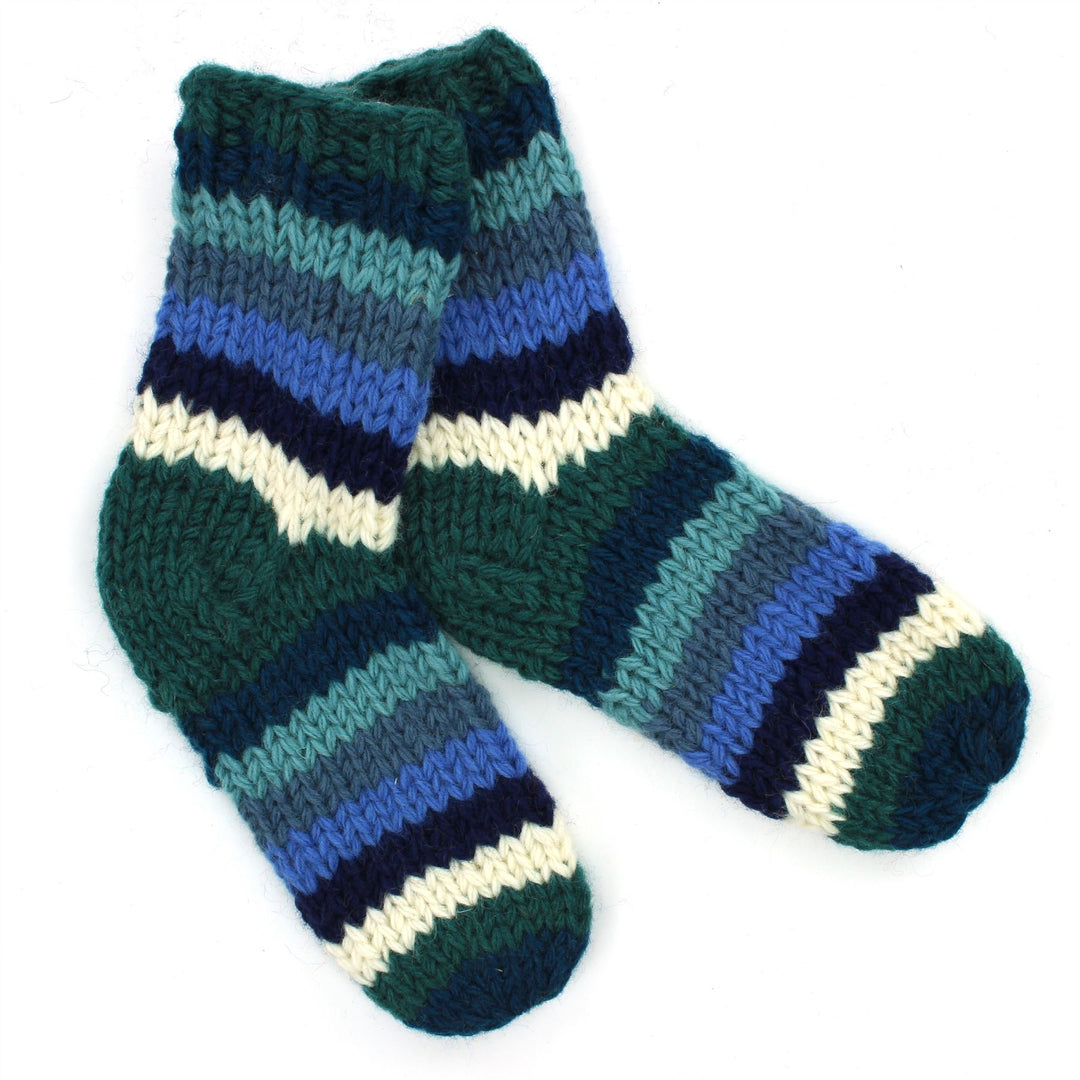 Hand Knitted Wool Ankle Socks - Stripe Blue White