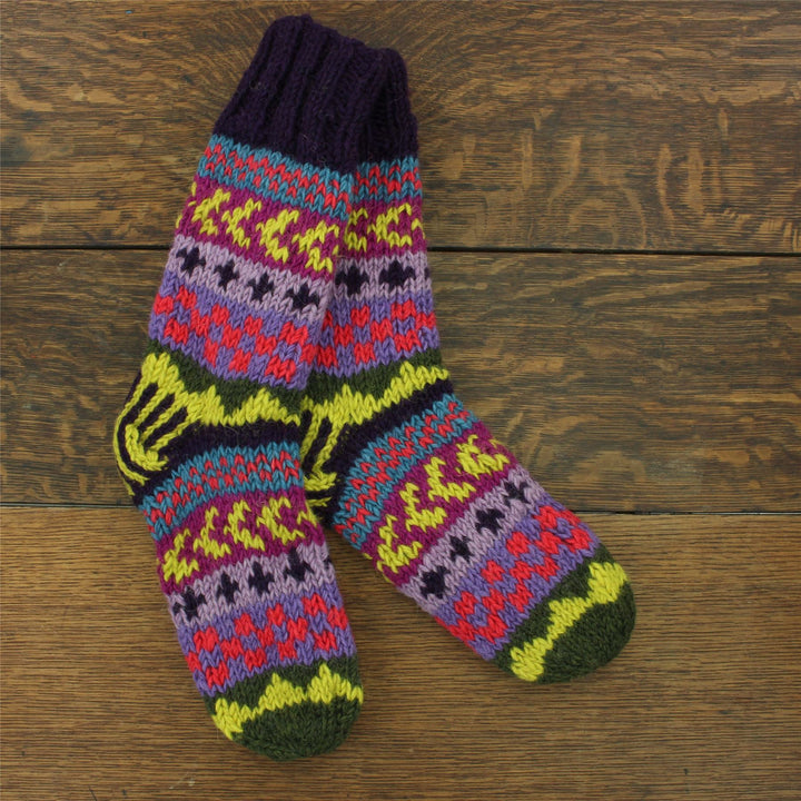 Hand Knitted Wool Slipper Socks Lined - Chevron Purple