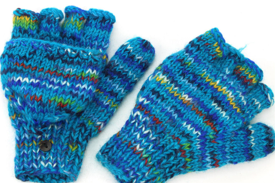 Hand Knitted Wool Shooter Gloves - SD Bright Blue Mix