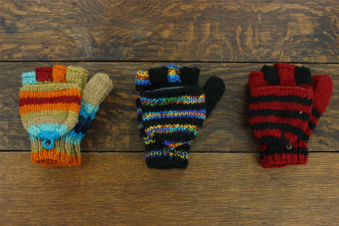 Hand Knitted Wool Shooter Gloves - Stripe Retro C