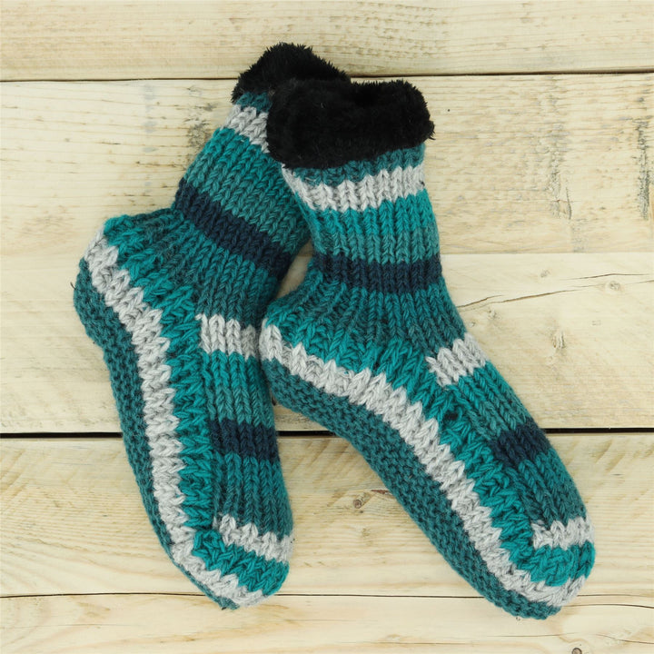 Hand Knitted Wool Slipper Socks - Stripe Teal