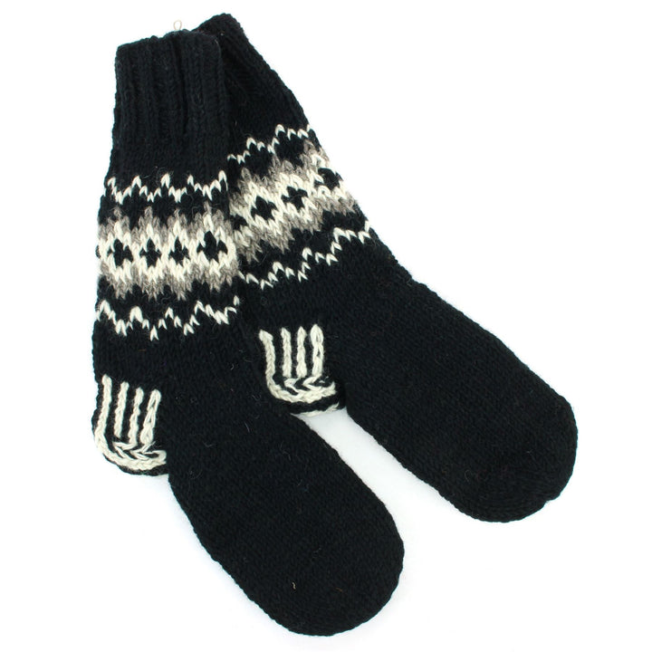 Hand Knitted Wool Slipper Socks Lined - Fairisle Black