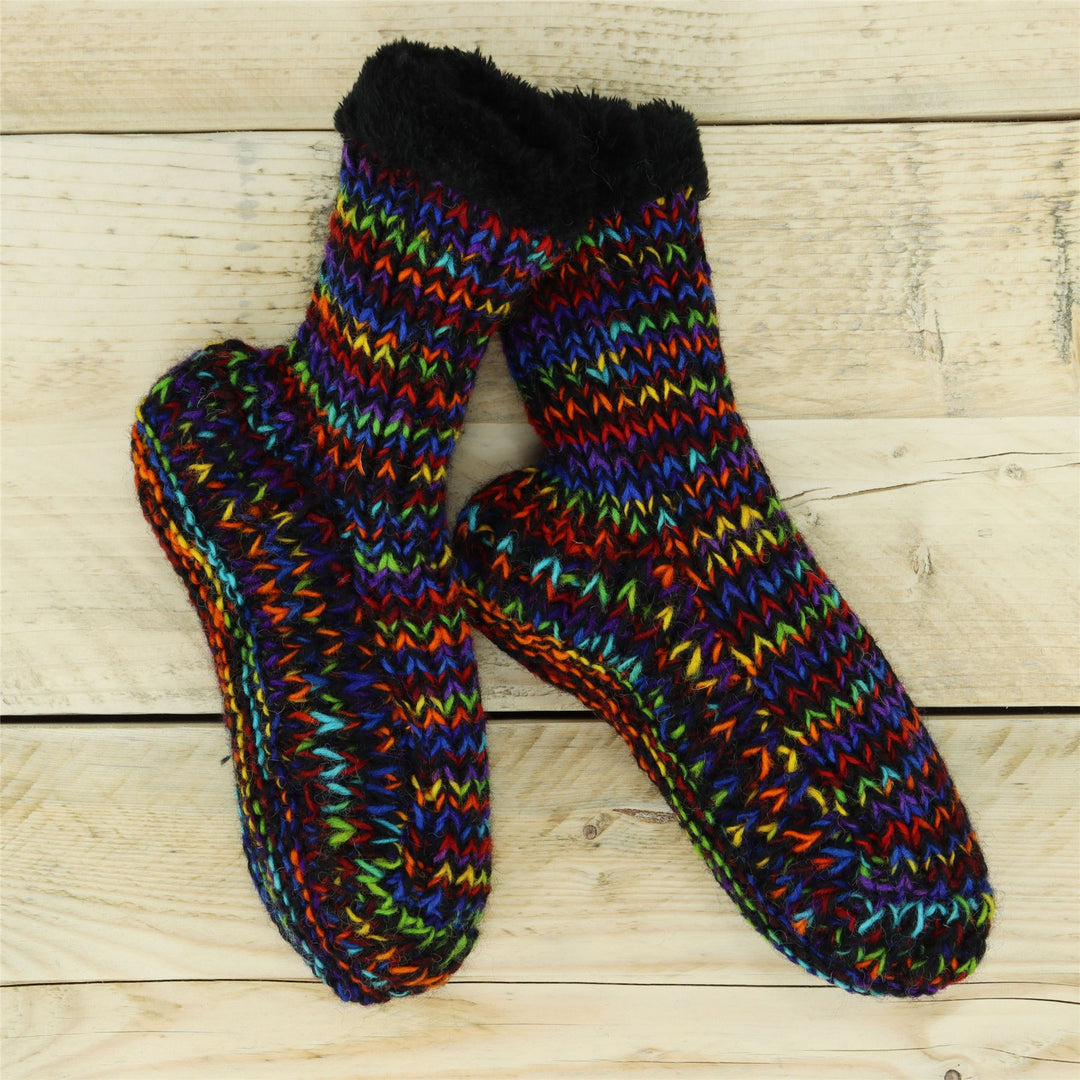 Hand Knitted Wool Slipper Socks - SD Black Rainbow