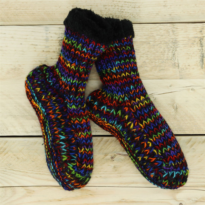 Hand Knitted Wool Slipper Socks - SD Black Rainbow