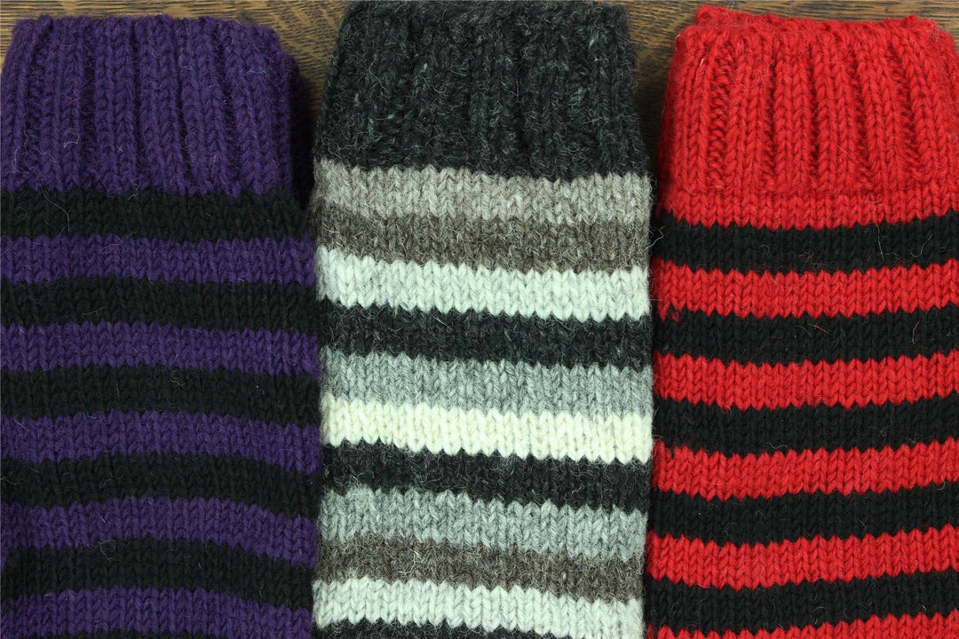 Hand Knitted Wool Leg Warmers - Stripe Purple Black