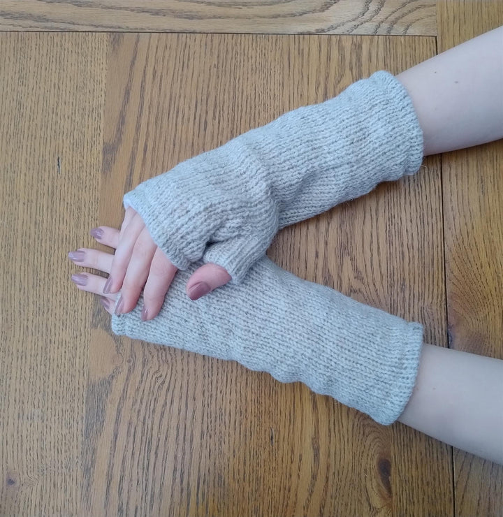 Wool Knit Fleece Lined  Wrist Warmers - Plain Cream