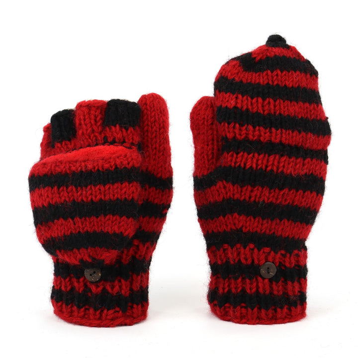 Hand Knitted Wool Shooter Gloves - Stripe Red Black