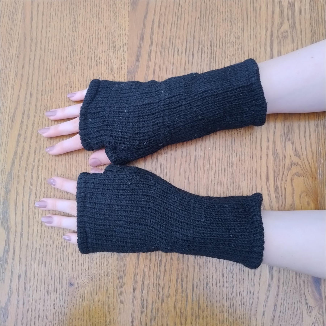 Wool Knit Fleece Lined  Wrist Warmers - Plain Black