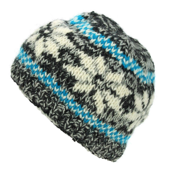 Hand Knitted Wool Beanie Hat - Snowflake Grey Turquoise