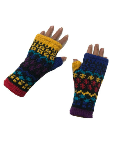 Wool Knit Fleece Lined  Wrist Warmers - Mismatch Black