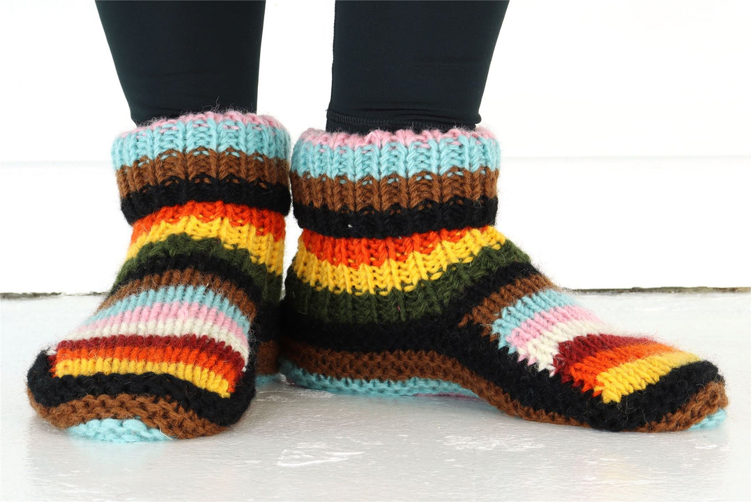 Hand Knitted Wool Slipper Socks - Stripe Progress Rainbow