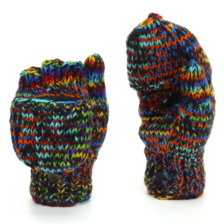 Hand Knitted Wool Shooter Gloves - SD Black Rainbow