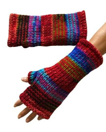 Wool Knit Fleece Lined  Wrist Warmers - SD Multi Red Blue