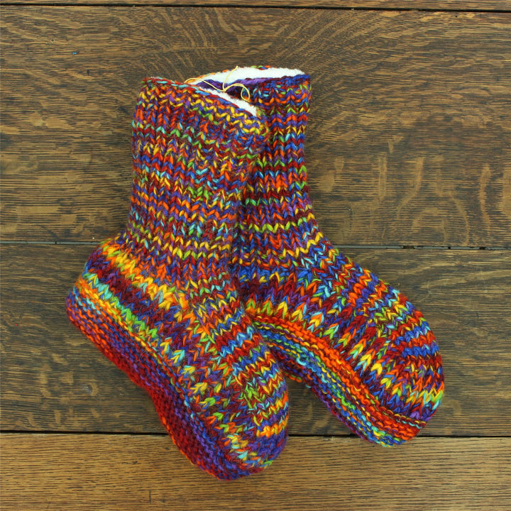 Hand Knitted Wool Slipper Socks - SD Rainbow