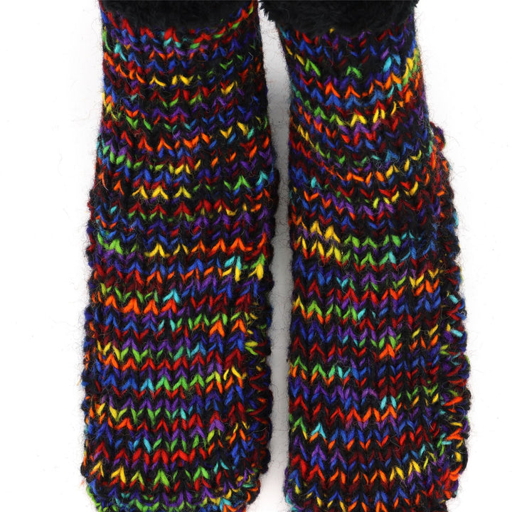 Hand Knitted Wool Slipper Socks - SD Black Rainbow