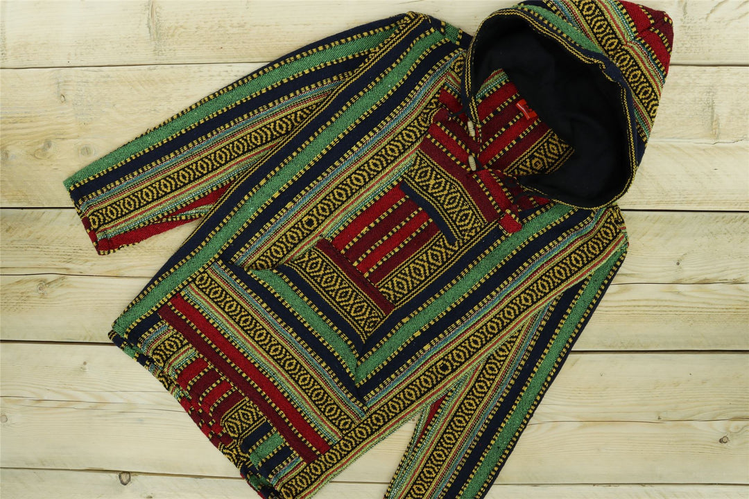 Woven Gheri Cotton Baja Hoodie - Red Green