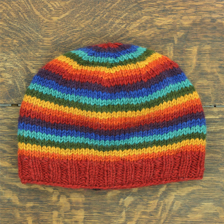 Hand Knitted Wool Beanie Hat - Stripe Dark Rainbow