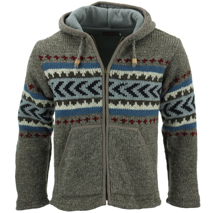 Wool Knit Chevron Hooded Jacket - Grey