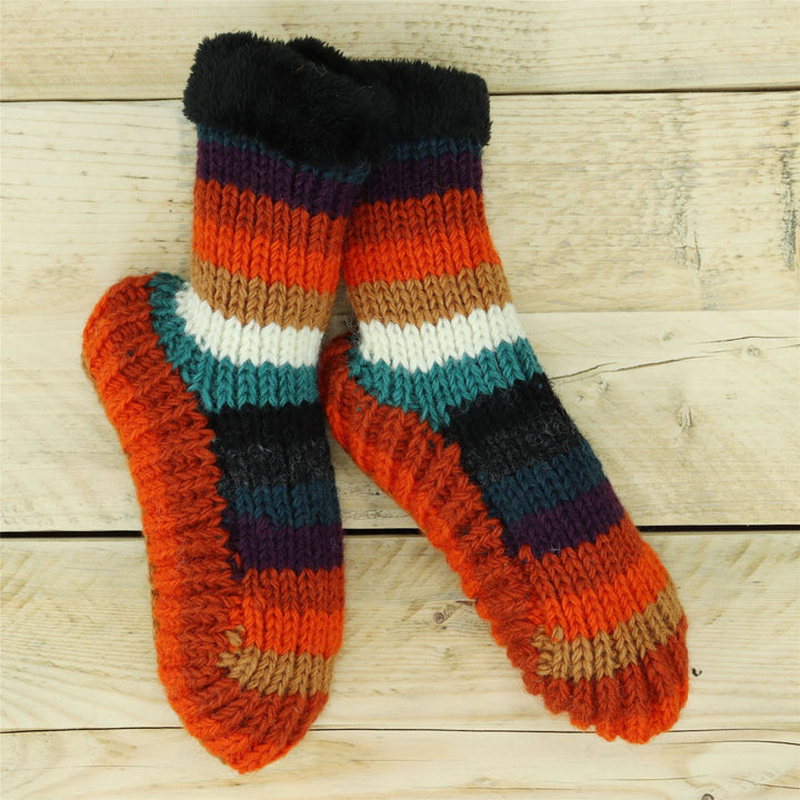 Hand Knitted Wool Slipper Socks - Stripe Anu