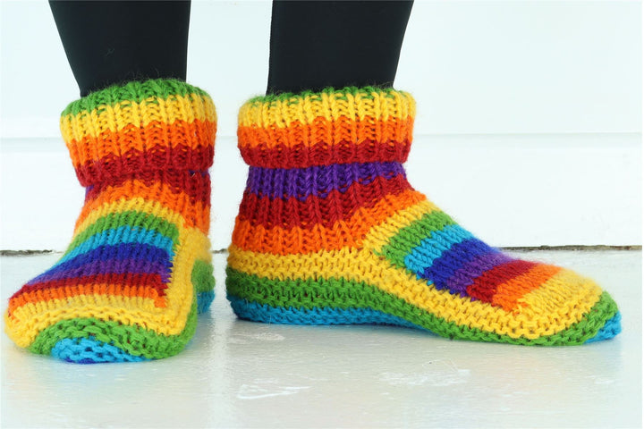 Hand Knitted Wool Slipper Socks - Stripe Bright Rainbow