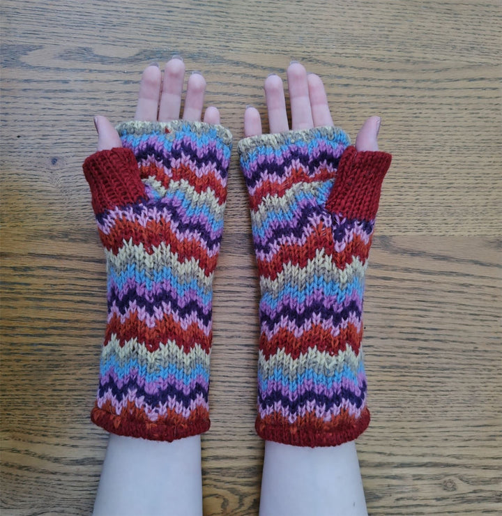 Wool Knit Fleece Lined  Wrist Warmers - Zig Zag Multi