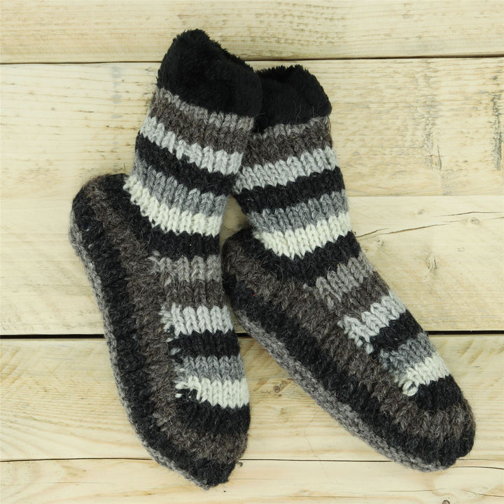 Hand Knitted Wool Slipper Socks - Stripe Natural