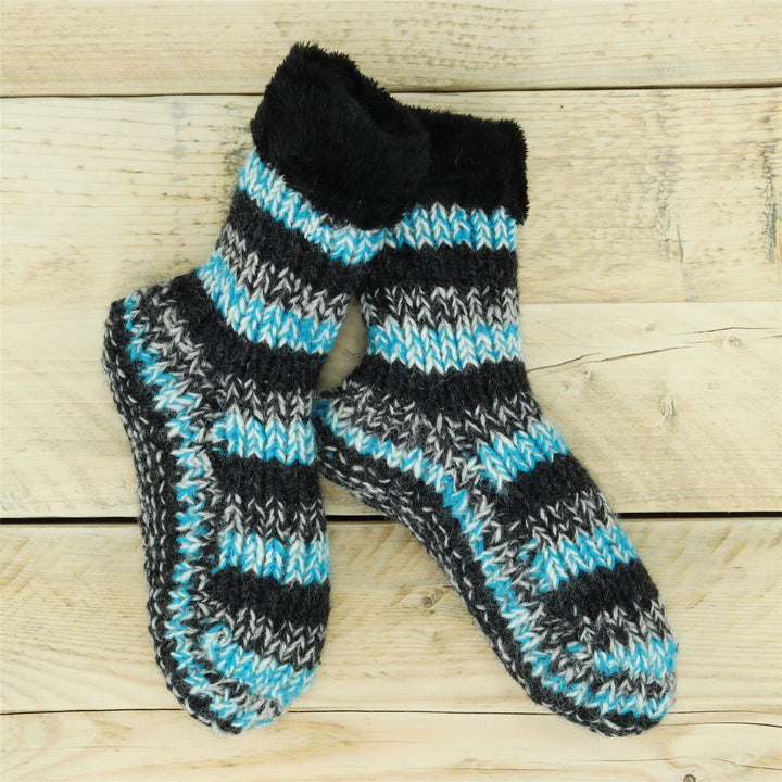 Hand Knitted Wool Slipper Socks - SD Light Blue Charcoal