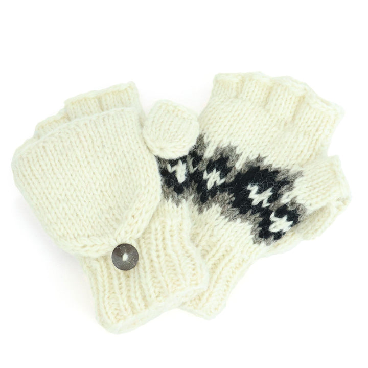 Wool Knit Fingerless Shooter Gloves - Fairisle Cream