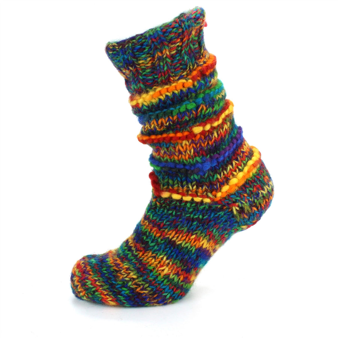 Hand Knitted Wool Slipper Socks Lined - SD Rainbow Rib