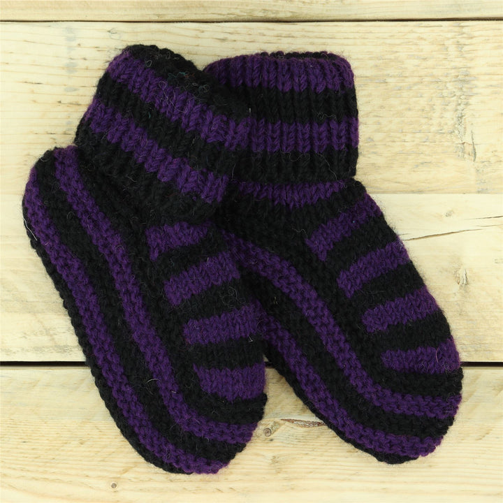 Hand Knitted Wool Slipper Socks - Stripe Purple Black