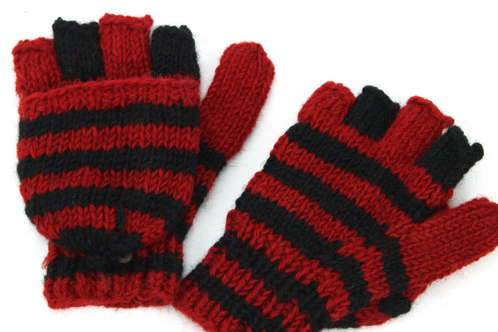 Hand Knitted Wool Shooter Gloves - Stripe Red Black