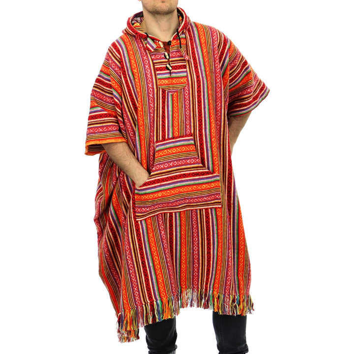 Brushed Cotton Long Hooded Poncho - Blood Orange