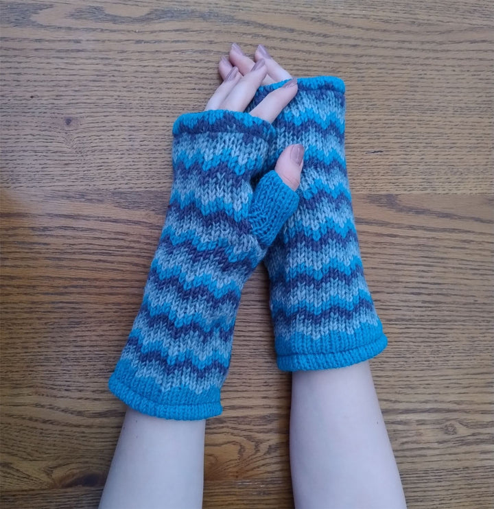 Wool Knit Fleece Lined  Wrist Warmers - Zig Zag Blue