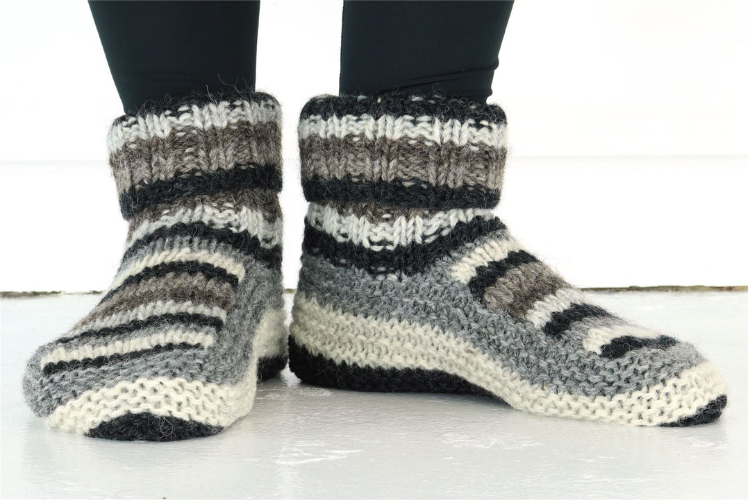 Hand Knitted Wool Slipper Socks - Stripe Natural