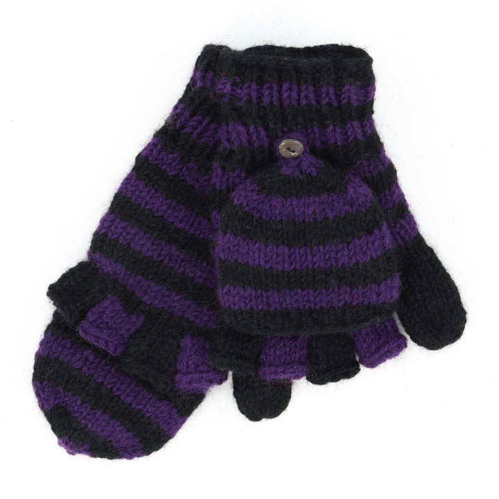 Hand Knitted Wool Shooter Gloves - Stripe Purple Black