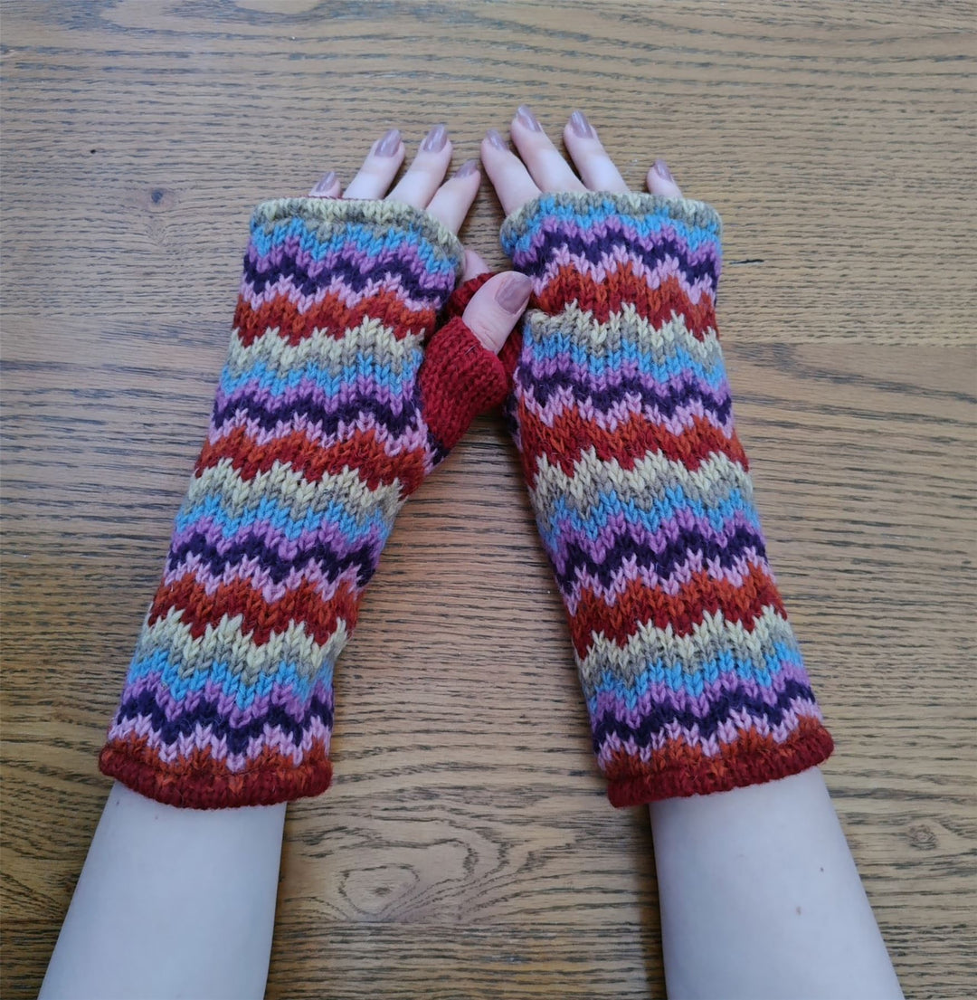 Wool Knit Fleece Lined  Wrist Warmers - Zig Zag Multi