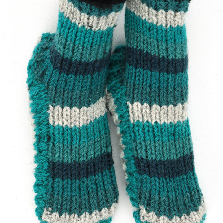 Hand Knitted Wool Slipper Socks - Stripe Teal