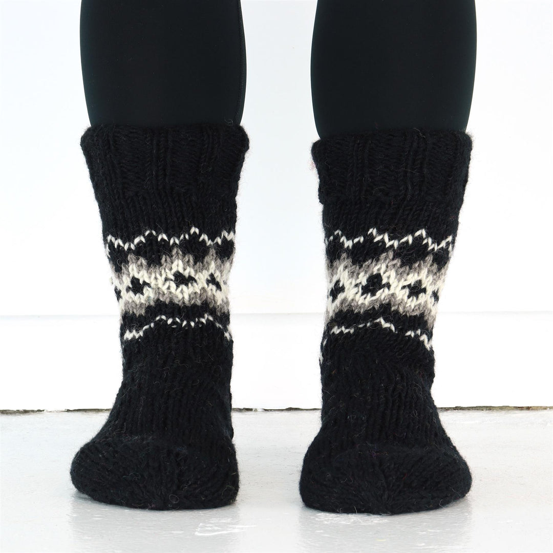 Hand Knitted Wool Slipper Socks Lined - Fairisle Black