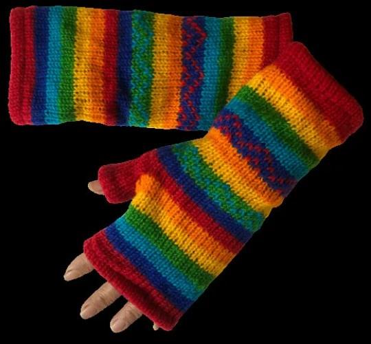 Wool Knit Fleece Lined  Wrist Warmers - Rainbow Zig Zag