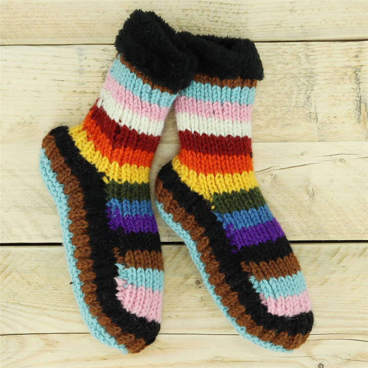 Hand Knitted Wool Slipper Socks - Stripe Progress Rainbow