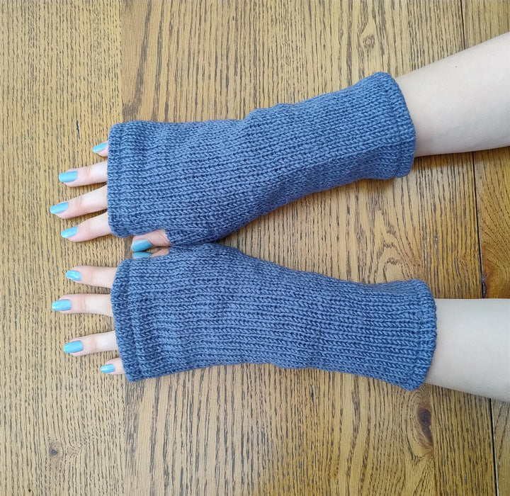 Wool Knit Fleece Lined  Wrist Warmers - Plain Grey Blue