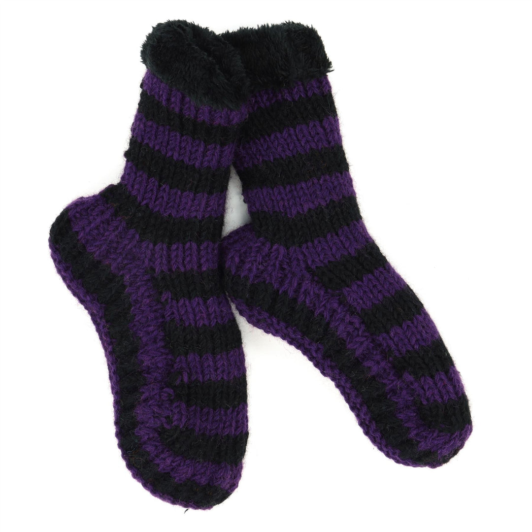 Hand Knitted Wool Slipper Socks - Stripe Purple Black