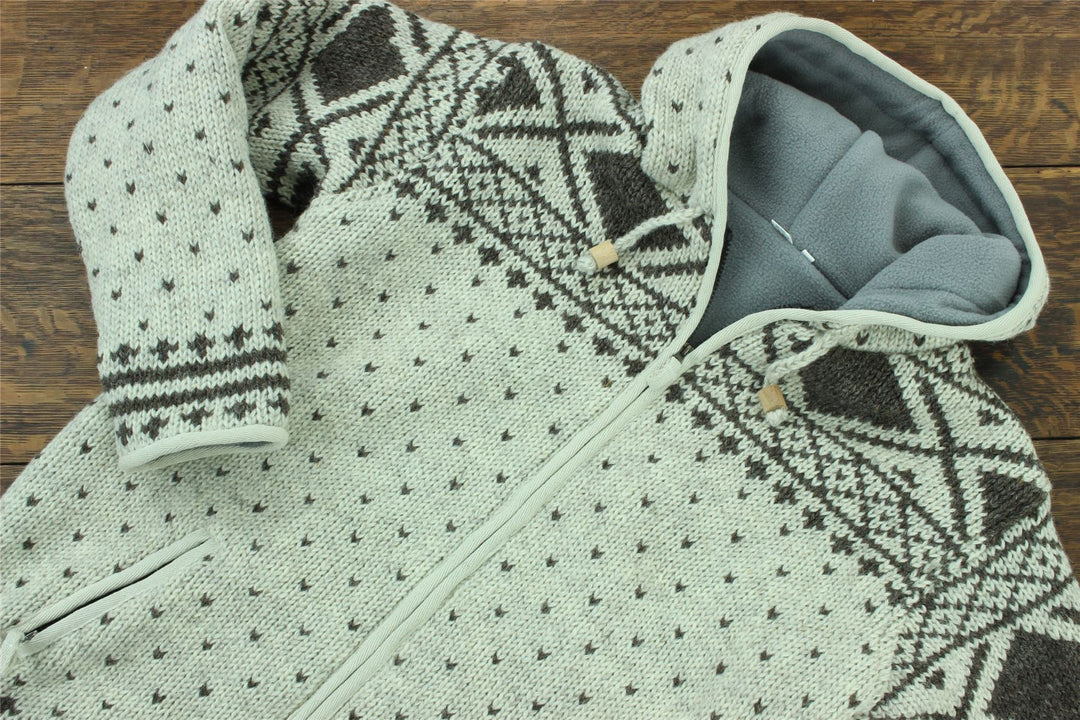 Wool Knit Fairisle Hooded Jacket - Cream