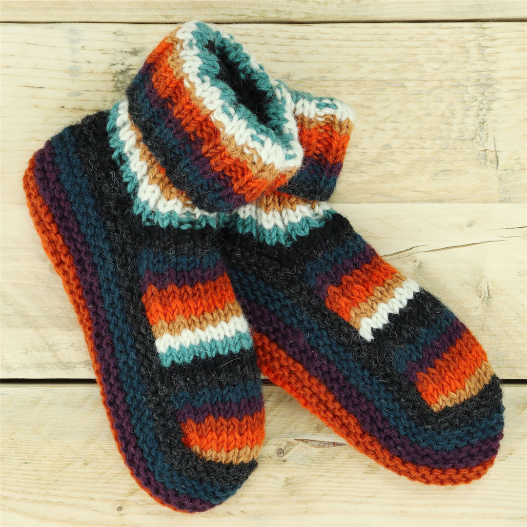 Hand Knitted Wool Slipper Socks - Stripe Anu