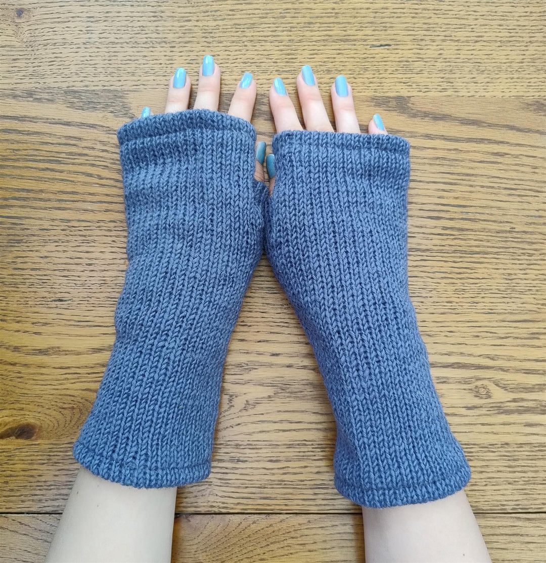 Wool Knit Fleece Lined  Wrist Warmers - Plain Grey Blue