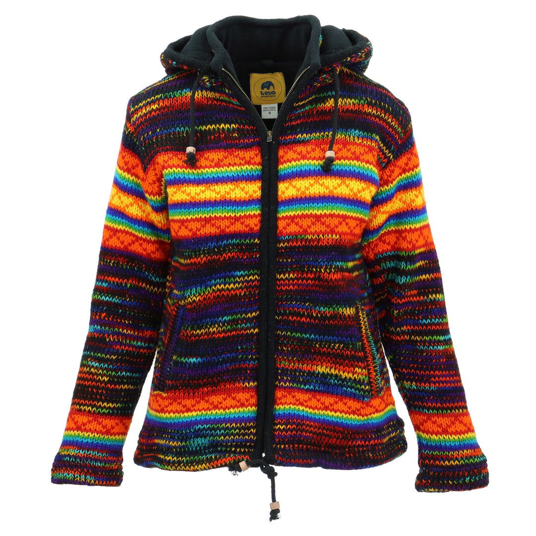 Hand Knitted Wool Hooded Jacket Cardigan Ladies Cut - SD Black Rainbow Orange