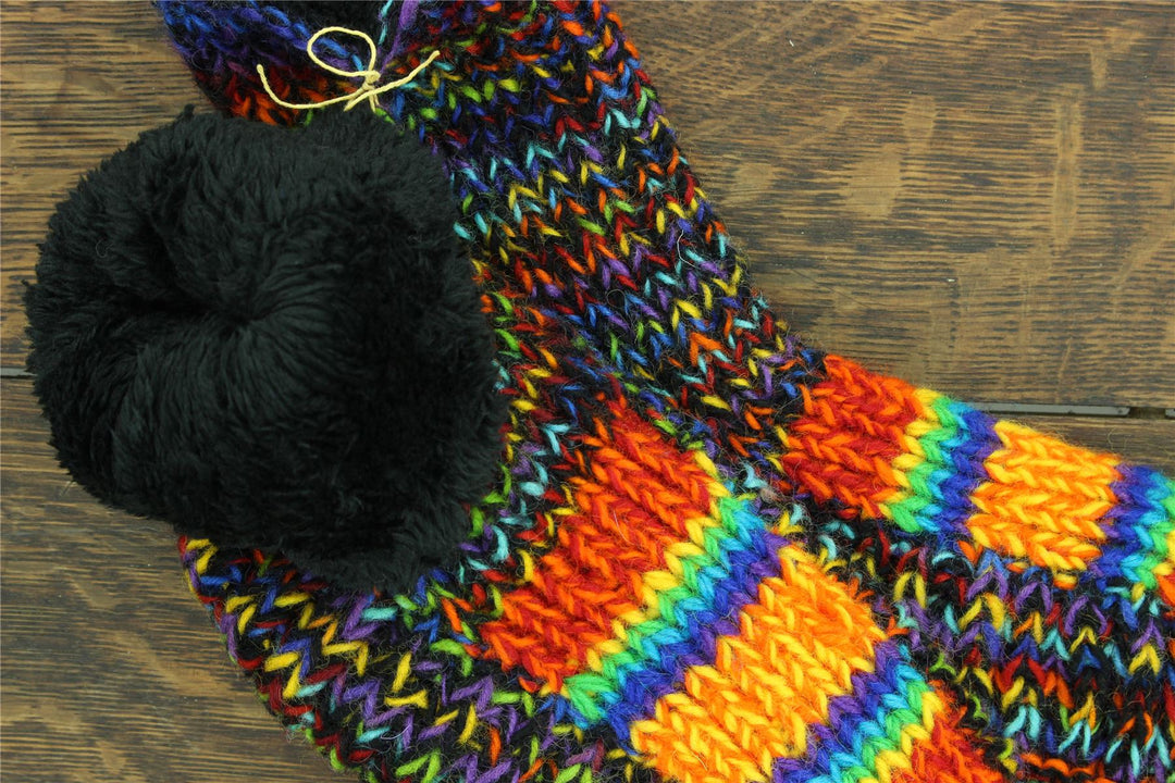 Hand Knitted Wool Slipper Socks - SD Black Rainbow Orange