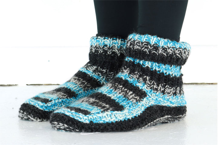 Hand Knitted Wool Slipper Socks - SD Light Blue Charcoal